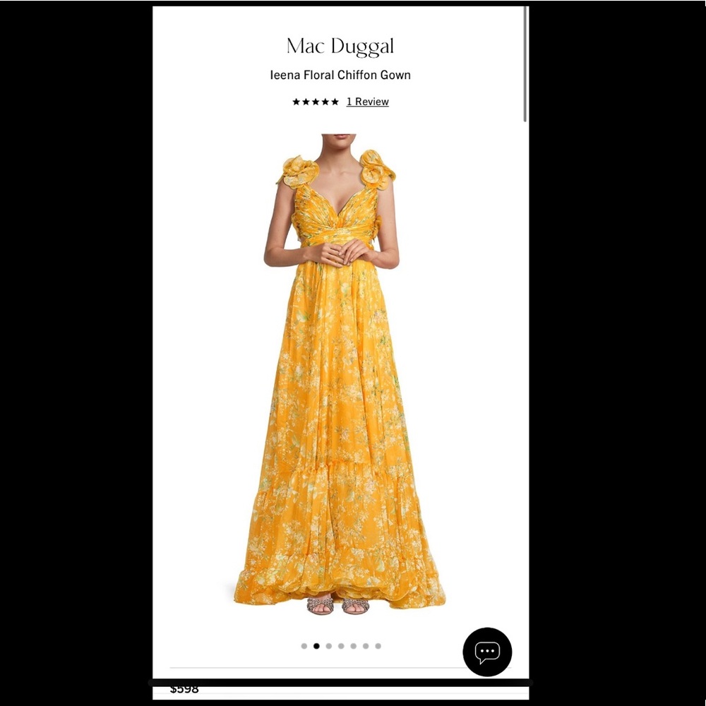 Mac Duggal 	Yellow Ruffle Tiered Floral Cut-Out Chiffon Gown Size 6.